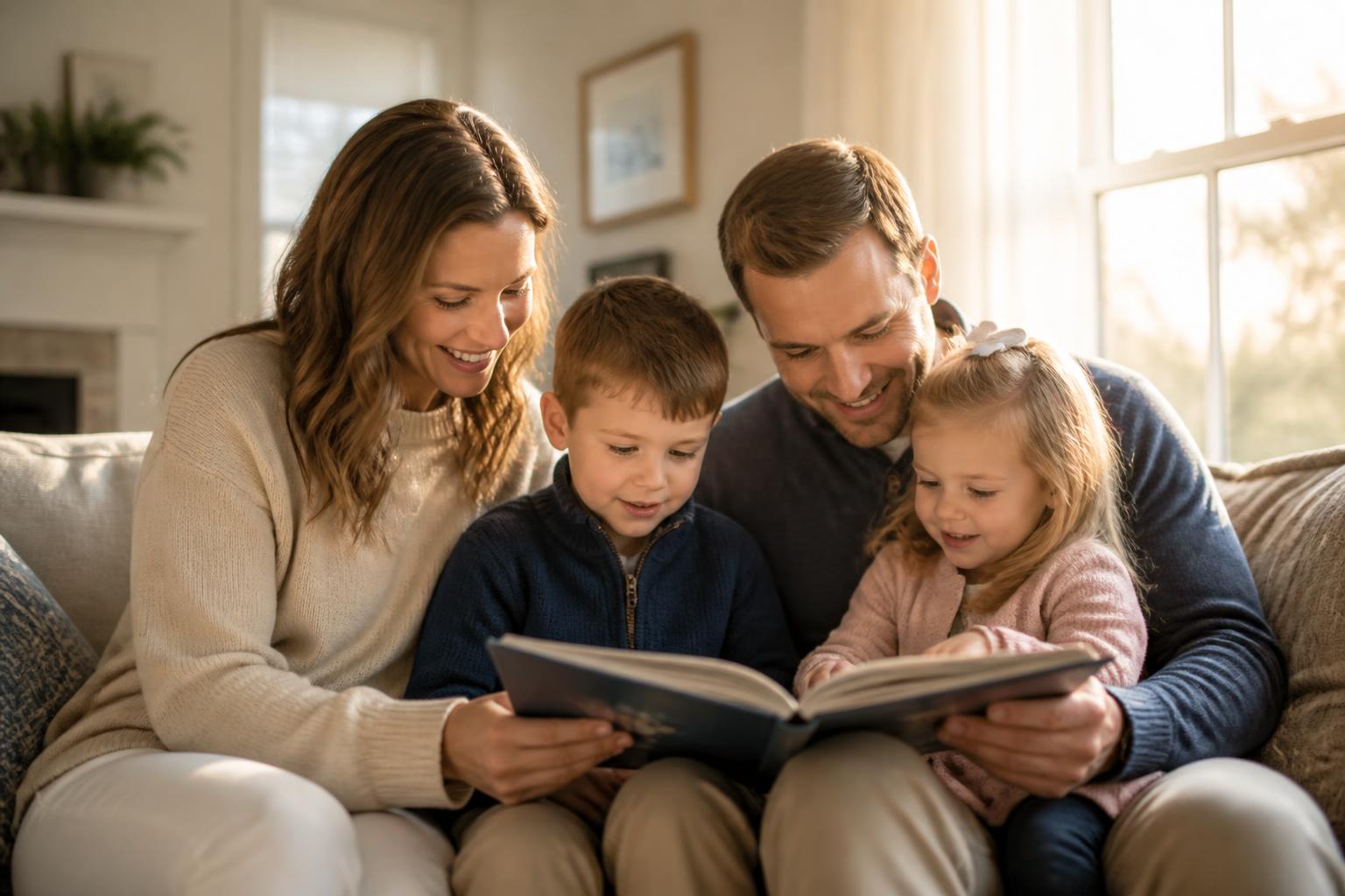 A Caucasian family with a mother with light brown hair reading together in a bright suburban living room